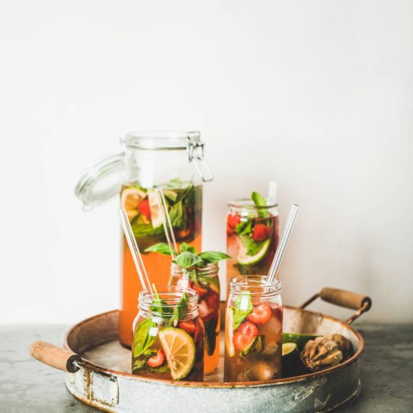 Fresh homemade strawberry and basil lemonade, copy space
